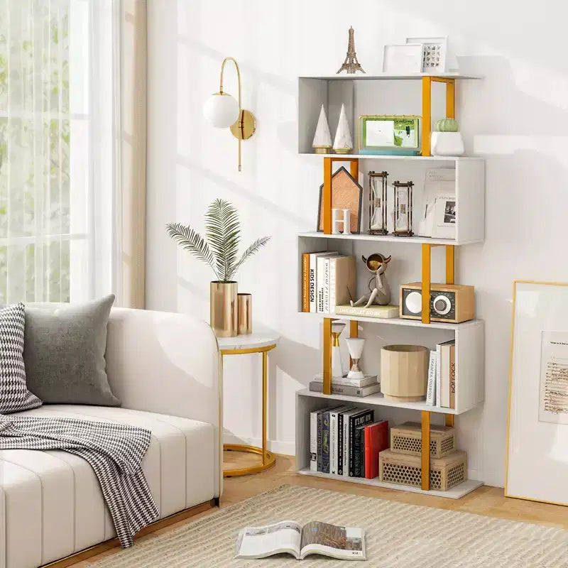 Costway Lot de 2 bibliothèques géométriques à 5 niveaux de 157,5 cm en forme de S avec cadre en métal doré
