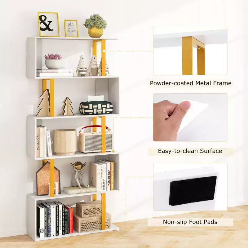 Costway Lot de 2 bibliothèques géométriques à 5 niveaux de 157,5 cm en forme de S avec cadre en métal doré