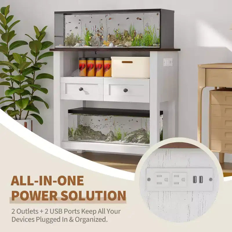 Meuble pour aquarium de 75-110 litres, Support en bois pour aquarium avec 2 tiroirs, Console d'entrée, Grand support pour terrarium de reptiles et tortues