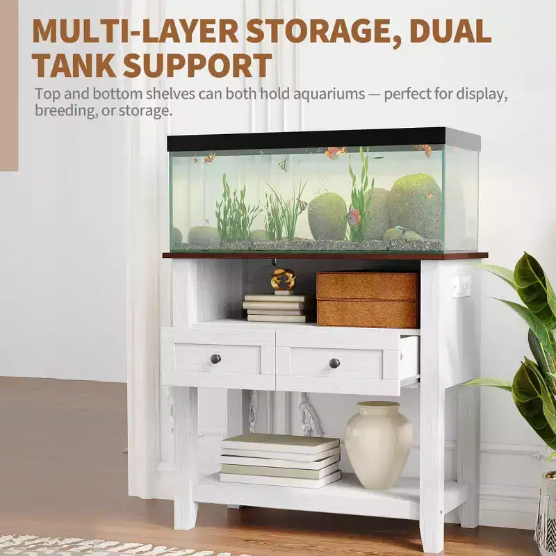 Meuble pour aquarium de 75-110 litres, Support en bois pour aquarium avec 2 tiroirs, Console d'entrée, Grand support pour terrarium de reptiles et tortues