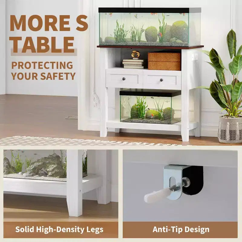 Meuble pour aquarium de 75-110 litres, Support en bois pour aquarium avec 2 tiroirs, Console d'entrée, Grand support pour terrarium de reptiles et tortues
