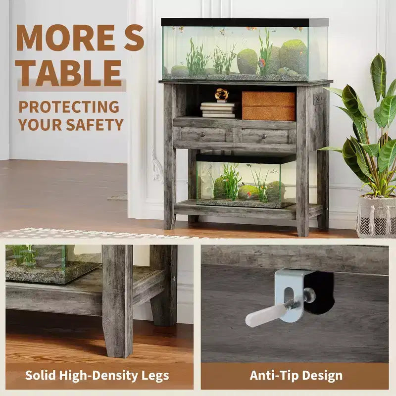 Meuble pour aquarium de 75-110 litres, Support en bois pour aquarium avec 2 tiroirs, Console d'entrée, Grand support pour terrarium de reptiles et tortues