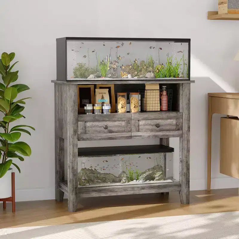 20-29 Gallon Aquarium Stand, Wooden Fish Tank Stand with 2 Drawers, Entryway Consoles Table, Large Turtle Tank Stand for Reptile Terrarium