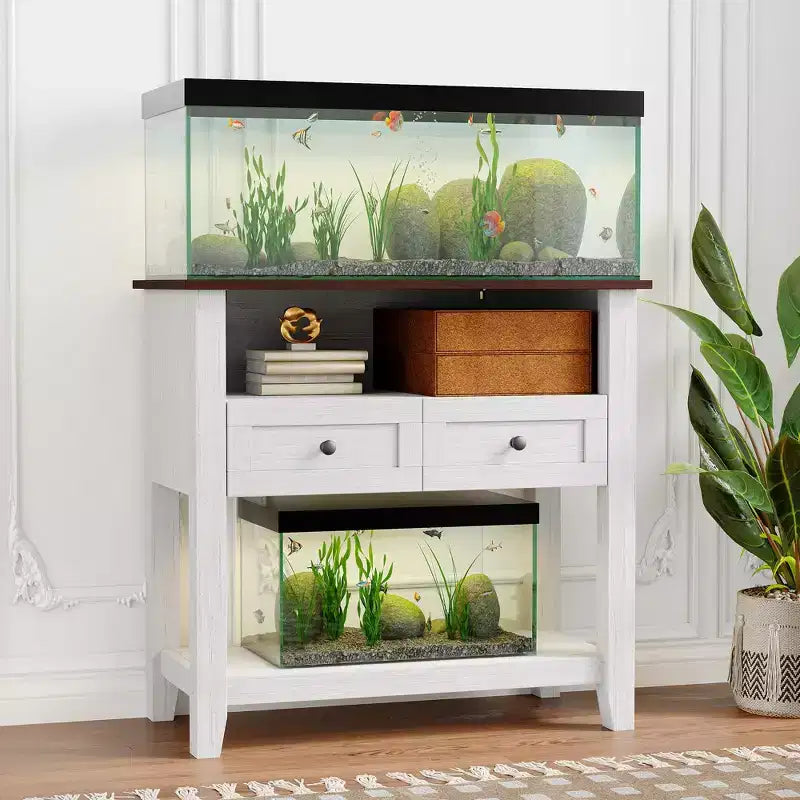 Meuble pour aquarium de 75-110 litres, Support en bois pour aquarium avec 2 tiroirs, Console d'entrée, Grand support pour terrarium de reptiles et tortues