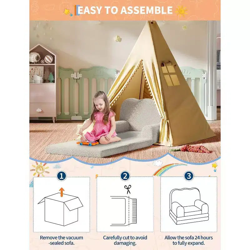 Canapé pour enfants, fauteuil de canapé convertible en tissu polaire Teddy pour tout-petits, fauteuil inclinable pliable doux pour enfants, lit de canapé confortable pour enfants pour salle de jeux