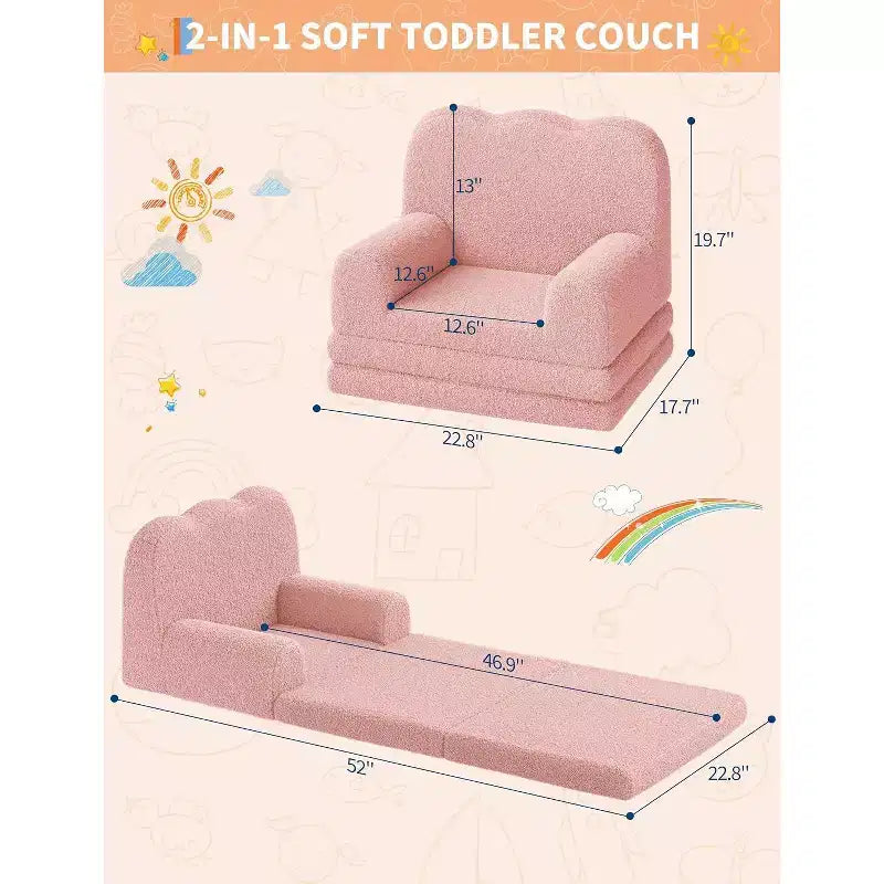 Canapé pour enfants, fauteuil de canapé convertible en tissu polaire Teddy pour tout-petits, fauteuil inclinable pliable doux pour enfants, lit de canapé confortable pour enfants pour salle de jeux