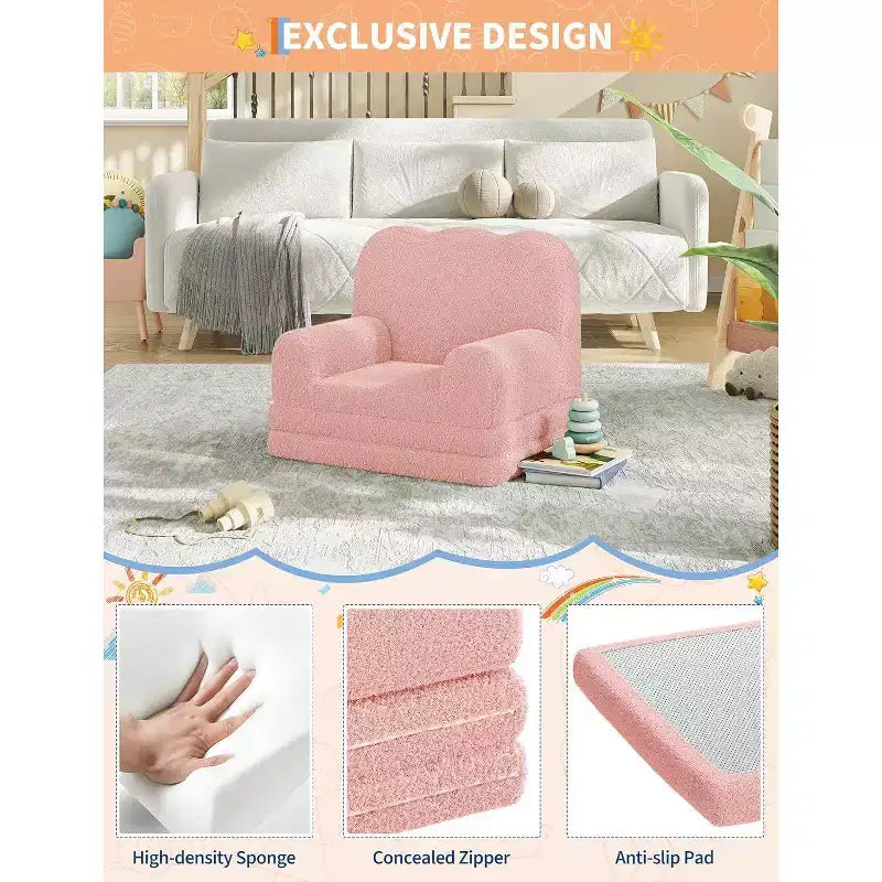 Canapé pour enfants, fauteuil de canapé convertible en tissu polaire Teddy pour tout-petits, fauteuil inclinable pliable doux pour enfants, lit de canapé confortable pour enfants pour salle de jeux