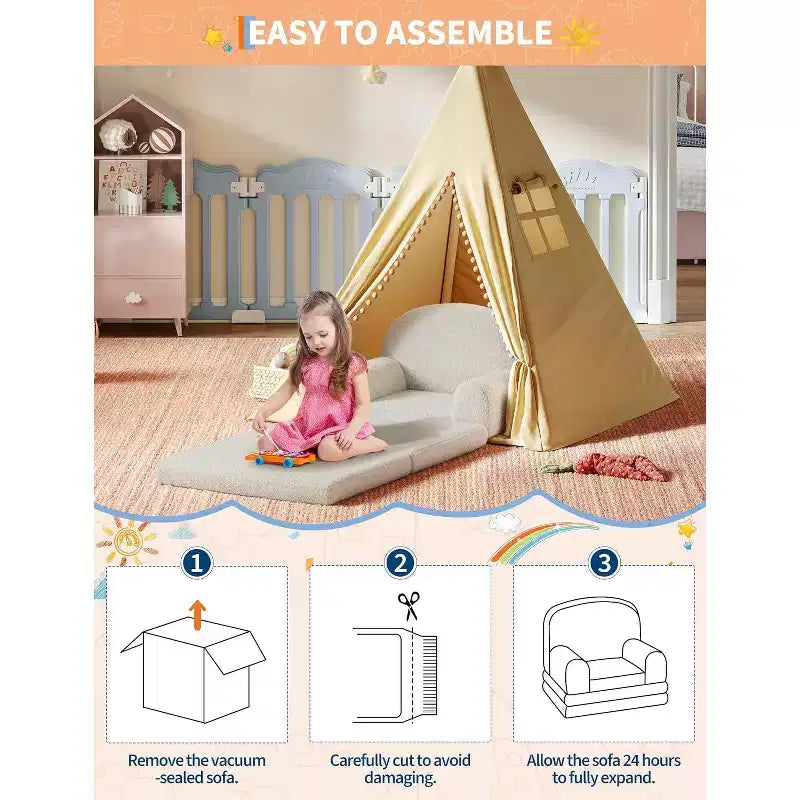 Canapé pour enfants, fauteuil-canapé convertible 2-en-1 en tissu polaire nounours pour tout-petits, canapé-lit pliant doux pour enfants, canapé-lit confortable pour enfants pour salle de jeux