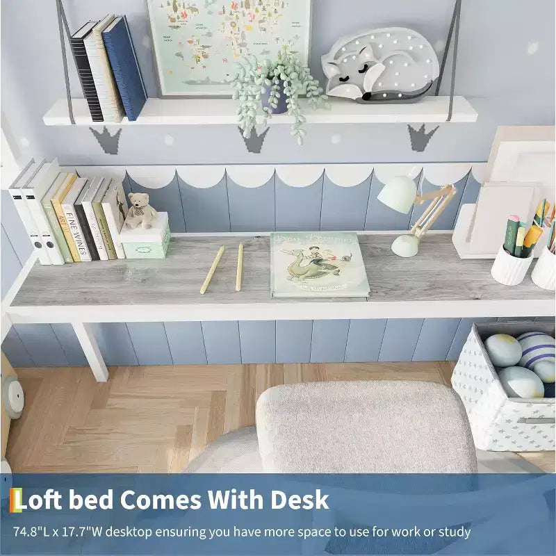 Lit mezzanine une place avec bureau et étagères de rangement, lit en métal robuste avec lattes en acier et échelle pour enfants et adultes, barrière de sécurité, gain de place