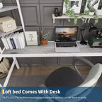 Lit mezzanine une place avec bureau et étagères de rangement, lit en métal robuste avec lattes en acier et échelle pour enfants et adultes, barrière de sécurité, gain de place