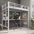 Lit mezzanine une place avec bureau et étagères de rangement, lit en métal robuste avec lattes en acier et échelle pour enfants et adultes, barrière de sécurité, gain de place