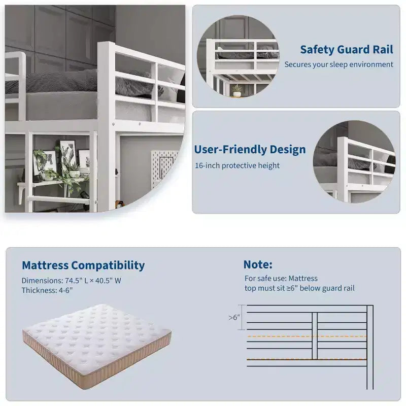 Lit mezzanine une place avec bureau et étagères de rangement, lit en métal robuste avec lattes en acier et échelle pour enfants et adultes, barrière de sécurité, gain de place
