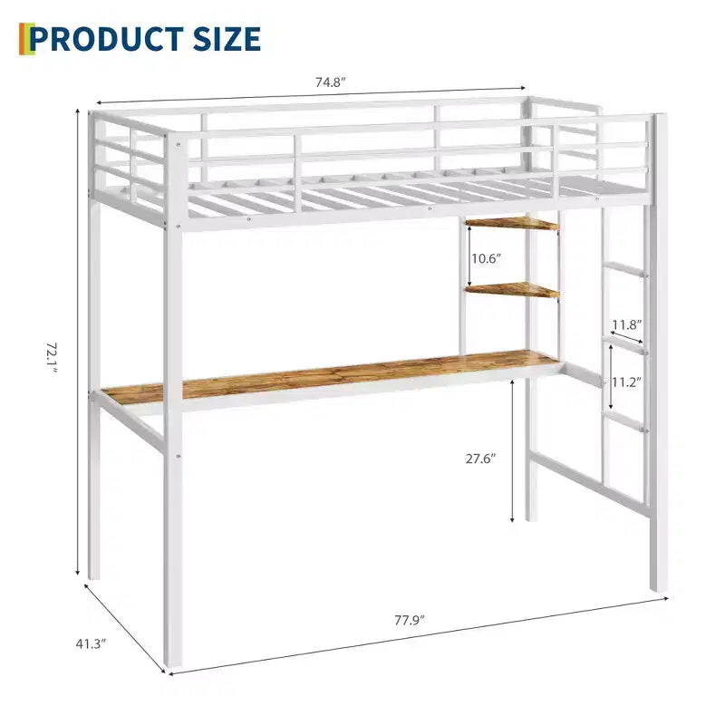 Lit mezzanine une place avec bureau et étagères de rangement, lit en métal robuste avec lattes en acier et échelle pour enfants et adultes, barrière de sécurité, gain de place