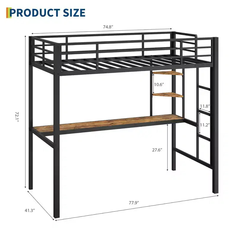 Lit mezzanine une place avec bureau et étagères de rangement, lit en métal robuste avec lattes en acier et échelle pour enfants et adultes, barrière de sécurité, gain de place