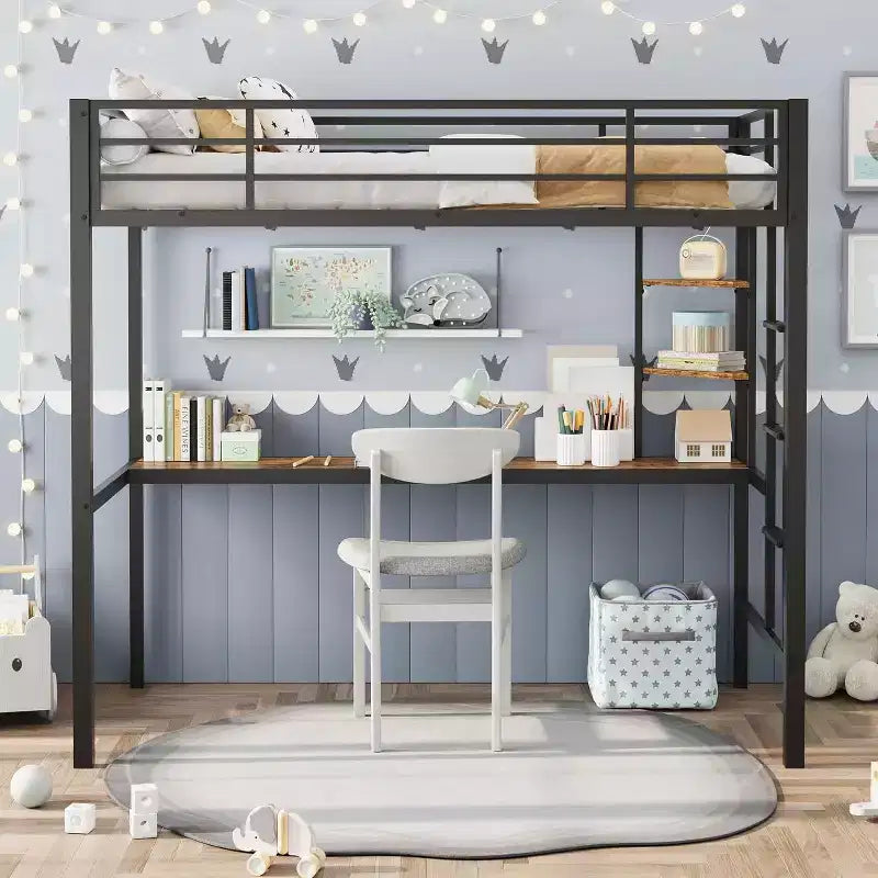 Lit mezzanine une place avec bureau et étagères de rangement, lit en métal robuste avec lattes en acier et échelle pour enfants et adultes, barrière de sécurité, gain de place
