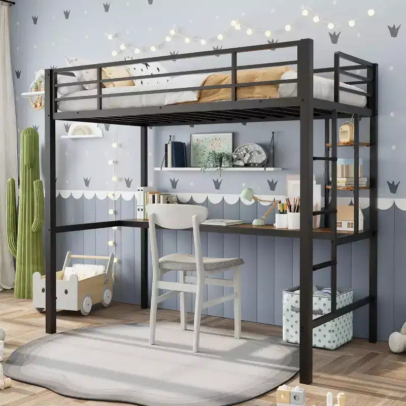 Twin Size Loft Bed with Desk and Storage Shelves, Sturdy Metal Bed with Steel Slats and Ladder for Kids and Adults, Safety Guardrail, Space Saving