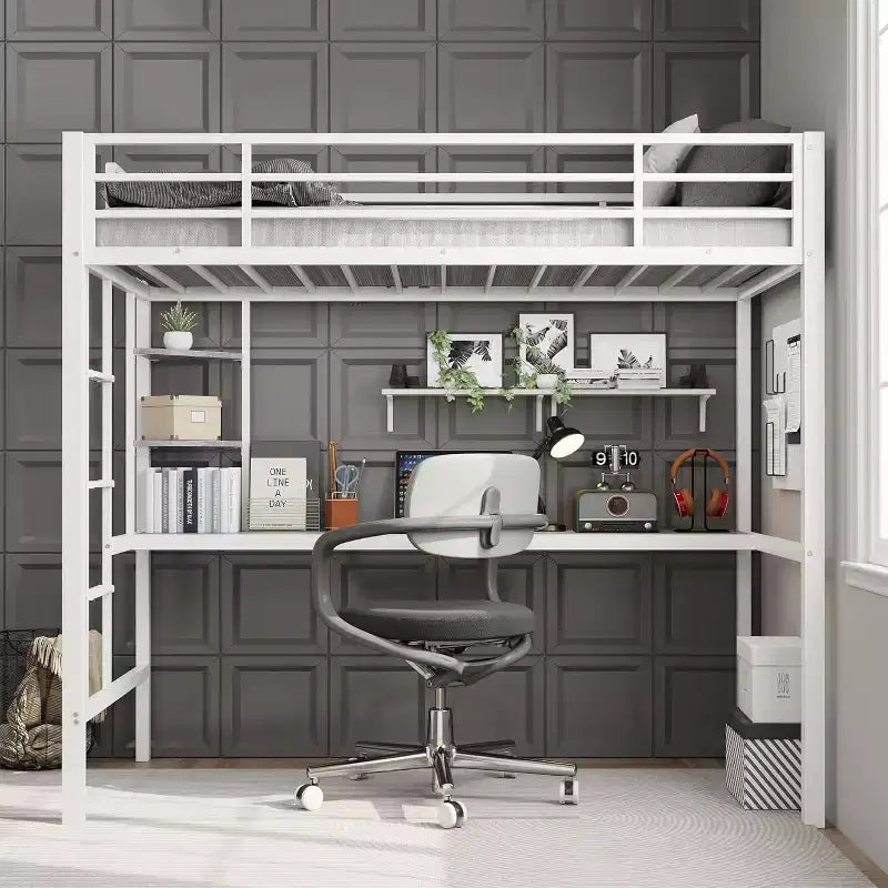 Lit mezzanine une place avec bureau et étagères de rangement, lit en métal robuste avec lattes en acier et échelle pour enfants et adultes, barrière de sécurité, gain de place