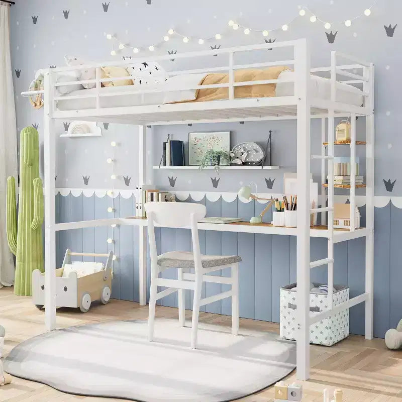 Lit mezzanine une place avec bureau et étagères de rangement, lit en métal robuste avec lattes en acier et échelle pour enfants et adultes, barrière de sécurité, gain de place