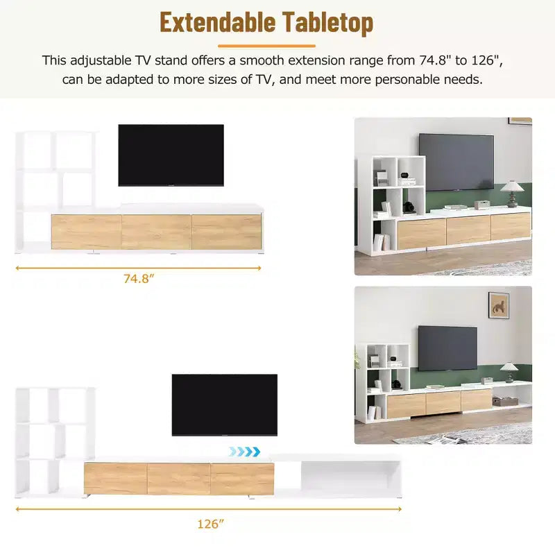 Meuble TV Extensible avec Étagères pour TV 110 cm, Meuble de Rangement Ajustable avec Portes, Meuble TV Console avec Plateau Coulissant