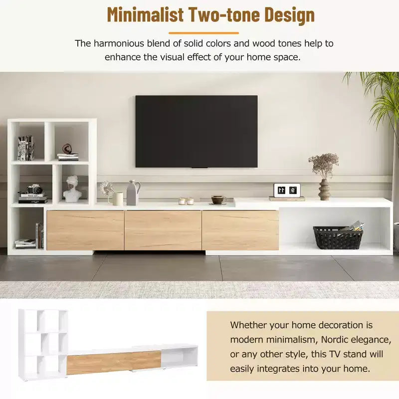 Meuble TV Extensible avec Étagères pour TV 110 cm, Meuble de Rangement Ajustable avec Portes, Meuble TV Console avec Plateau Coulissant