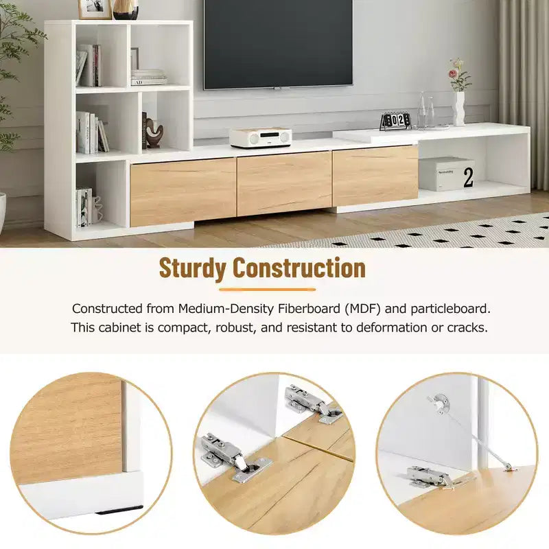 Meuble TV Extensible avec Étagères pour TV 110 cm, Meuble de Rangement Ajustable avec Portes, Meuble TV Console avec Plateau Coulissant