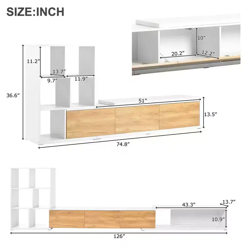 Meuble TV Extensible avec Étagères pour TV 110 cm, Meuble de Rangement Ajustable avec Portes, Meuble TV Console avec Plateau Coulissant