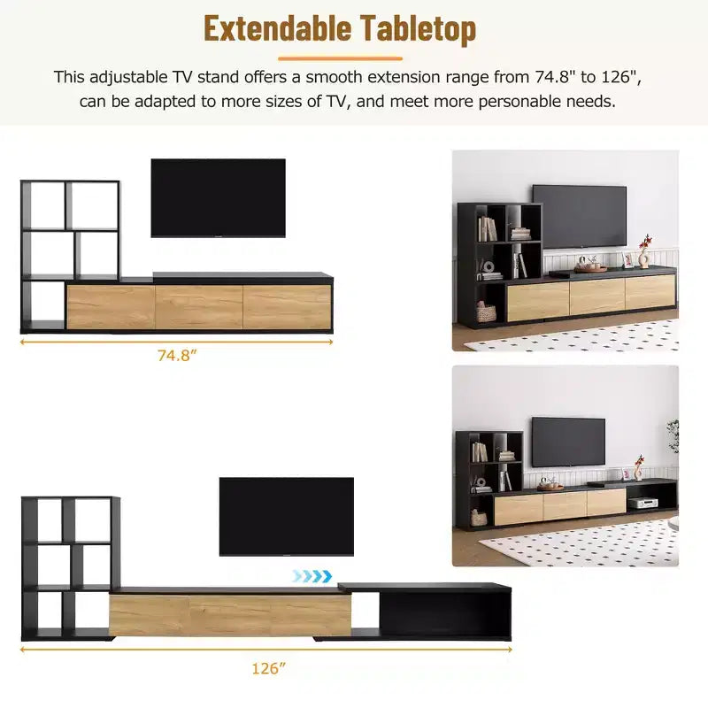 Meuble TV Extensible avec Étagères pour TV 110 cm, Meuble de Rangement Ajustable avec Portes, Meuble TV Console avec Plateau Coulissant