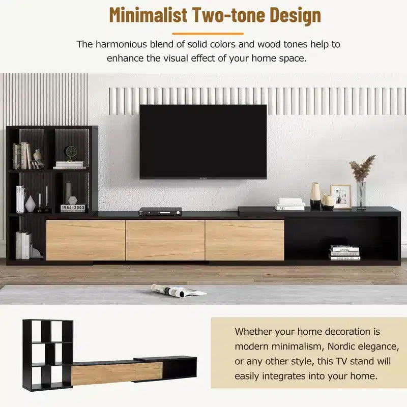 Meuble TV Extensible avec Étagères pour TV 110 cm, Meuble de Rangement Ajustable avec Portes, Meuble TV Console avec Plateau Coulissant
