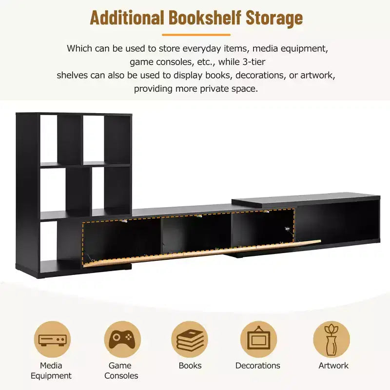 Meuble TV Extensible avec Étagères pour TV 110 cm, Meuble de Rangement Ajustable avec Portes, Meuble TV Console avec Plateau Coulissant
