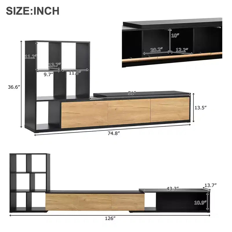 Meuble TV Extensible avec Étagères pour TV 110 cm, Meuble de Rangement Ajustable avec Portes, Meuble TV Console avec Plateau Coulissant