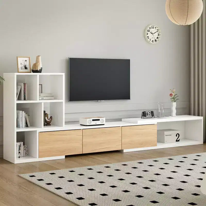 Meuble TV Extensible avec Étagères pour TV 110 cm, Meuble de Rangement Ajustable avec Portes, Meuble TV Console avec Plateau Coulissant