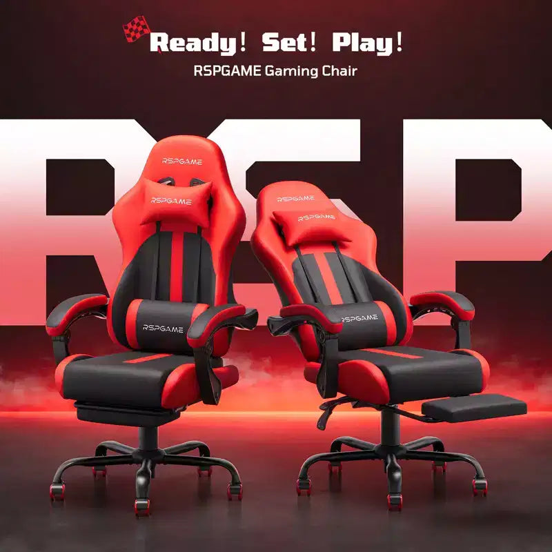 Chaise de jeu ergonomique basique RSPGAME pour adultes, chaises de bureau en cuir PU avec support lombaire vibrant et repose-pieds rétractable, chaises d'ordinateur de maison