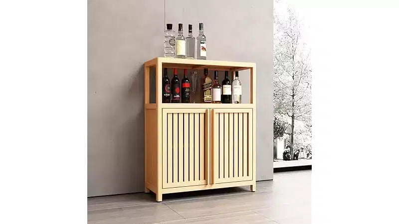 Meuble de rangement de salle de bain avec portes doubles à lattes, étagère latérale ouverte ; Organisateur autoportant pour salle de bain, salon, couloir, cuisine Neutre