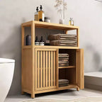 Meuble de rangement de salle de bain avec portes doubles à lattes, étagère latérale ouverte ; Organisateur autoportant pour salle de bain, salon, couloir, cuisine Neutre