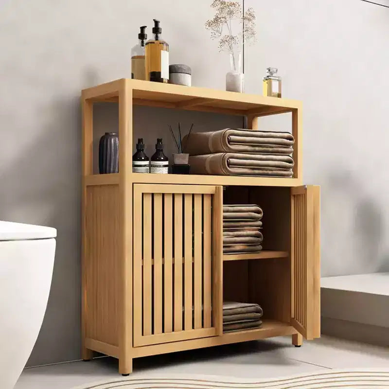 Meuble de rangement de salle de bain avec portes doubles à lattes, étagère latérale ouverte ; Organisateur autoportant pour salle de bain, salon, couloir, cuisine Neutre