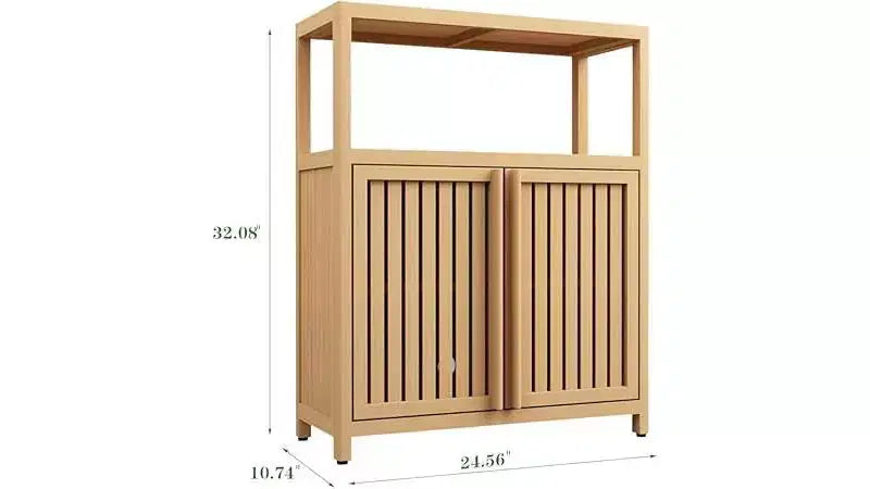 Meuble de rangement de salle de bain avec portes doubles à lattes, étagère latérale ouverte ; Organisateur autoportant pour salle de bain, salon, couloir, cuisine Neutre