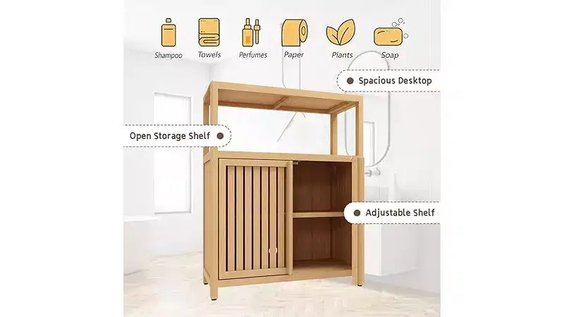 Meuble de rangement de salle de bain avec portes doubles à lattes, étagère latérale ouverte ; Organisateur autoportant pour salle de bain, salon, couloir, cuisine Neutre