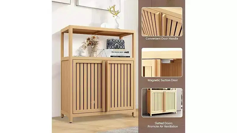 Meuble de rangement de salle de bain avec portes doubles à lattes, étagère latérale ouverte ; Organisateur autoportant pour salle de bain, salon, couloir, cuisine Neutre