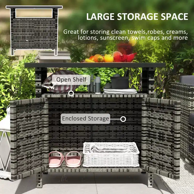 Armoire de rangement extérieure en osier avec deux portes et étagère pour le rangement de serviettes de piscine