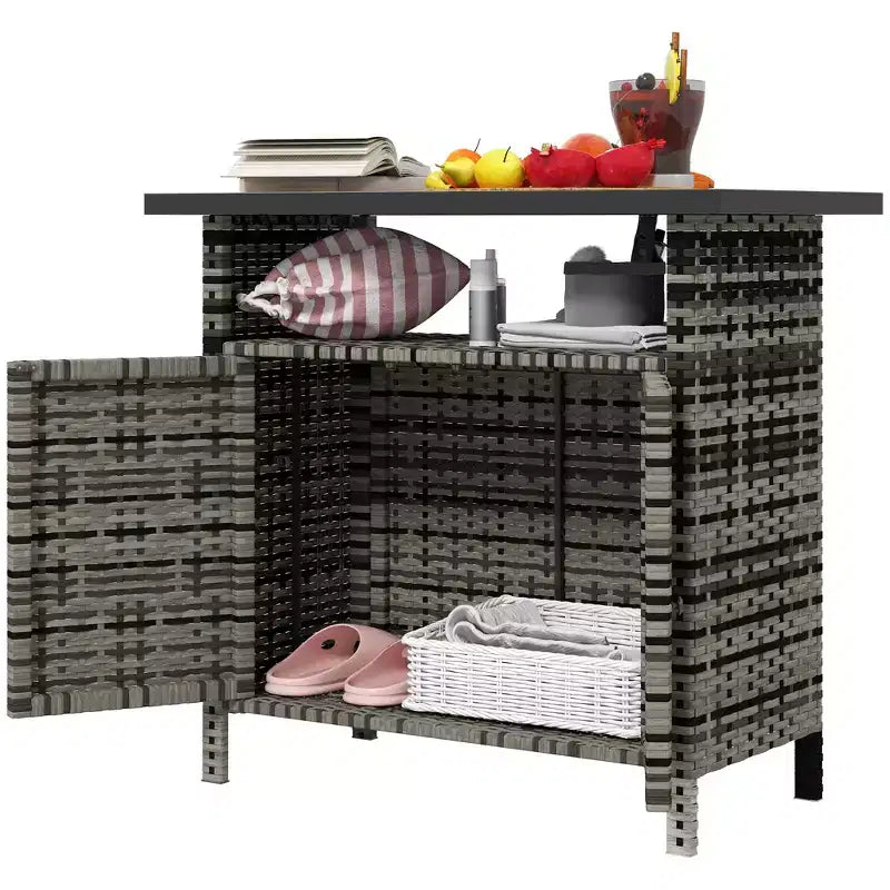 Armoire de rangement extérieure en osier avec deux portes et étagère pour le rangement de serviettes de piscine