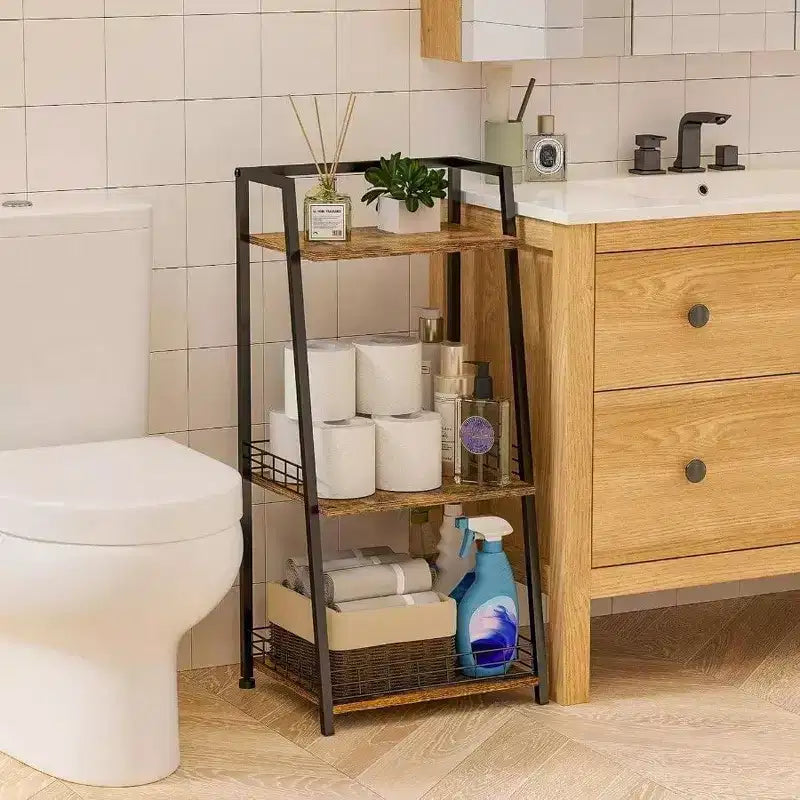 Étagère de salle de bain à 3 niveaux avec barrière, organisateur rétro en bois et métal pour salles de bain, buanderies et salon