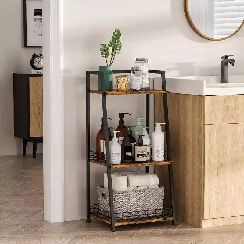 Étagère de salle de bain à 3 niveaux avec barrière, organisateur rétro en bois et métal pour salles de bain, buanderies et salon