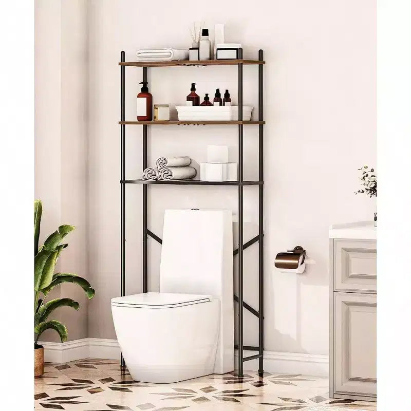 Étagère de Rangement sur Toilettes à 3 Niveaux, Étagère de Rangement pour Salle de Bain à 2 Niveaux, Meuble Autoportant avec Pieds Réglables, Marron Rustique et Noir