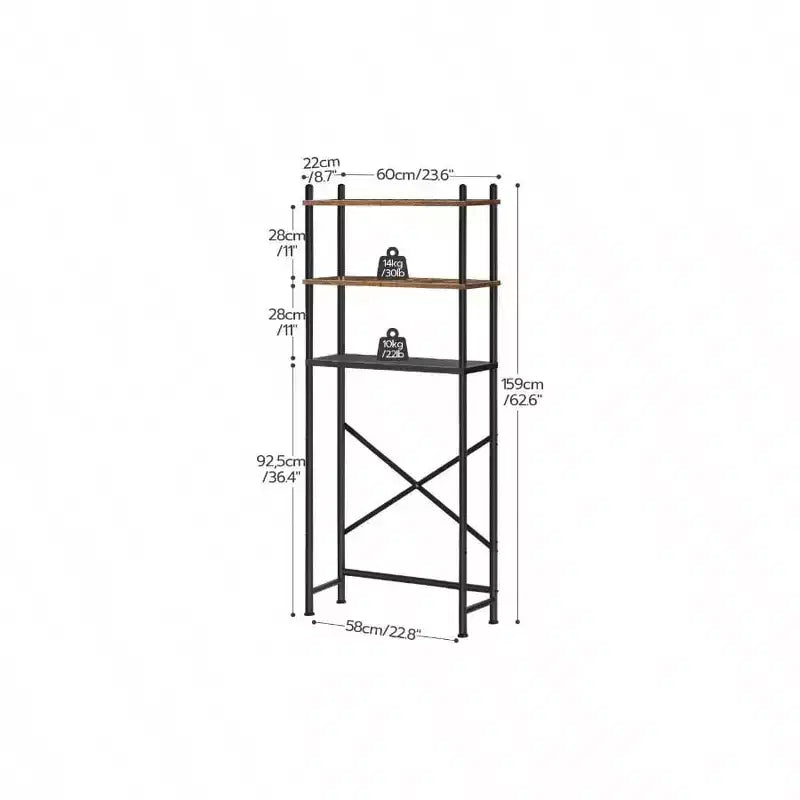 Étagère de Rangement sur Toilettes à 3 Niveaux, Étagère de Rangement pour Salle de Bain à 2 Niveaux, Meuble Autoportant avec Pieds Réglables, Marron Rustique et Noir