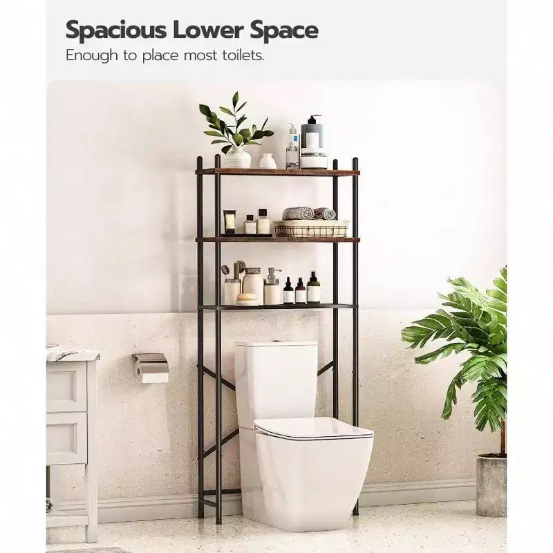 Étagère de Rangement sur Toilettes à 3 Niveaux, Étagère de Rangement pour Salle de Bain à 2 Niveaux, Meuble Autoportant avec Pieds Réglables, Marron Rustique et Noir