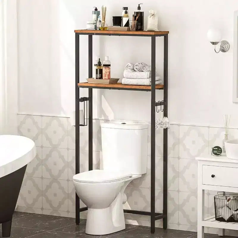 Étagère de Rangement sur Toilettes à 3 Niveaux, Étagère de Rangement pour Salle de Bain à 2 Niveaux, Meuble Autoportant avec Pieds Réglables, Marron Rustique et Noir
