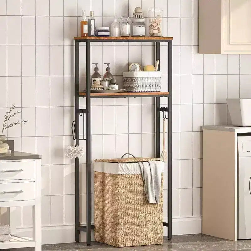 Étagère de Rangement sur Toilettes à 3 Niveaux, Étagère de Rangement pour Salle de Bain à 2 Niveaux, Meuble Autoportant avec Pieds Réglables, Marron Rustique et Noir