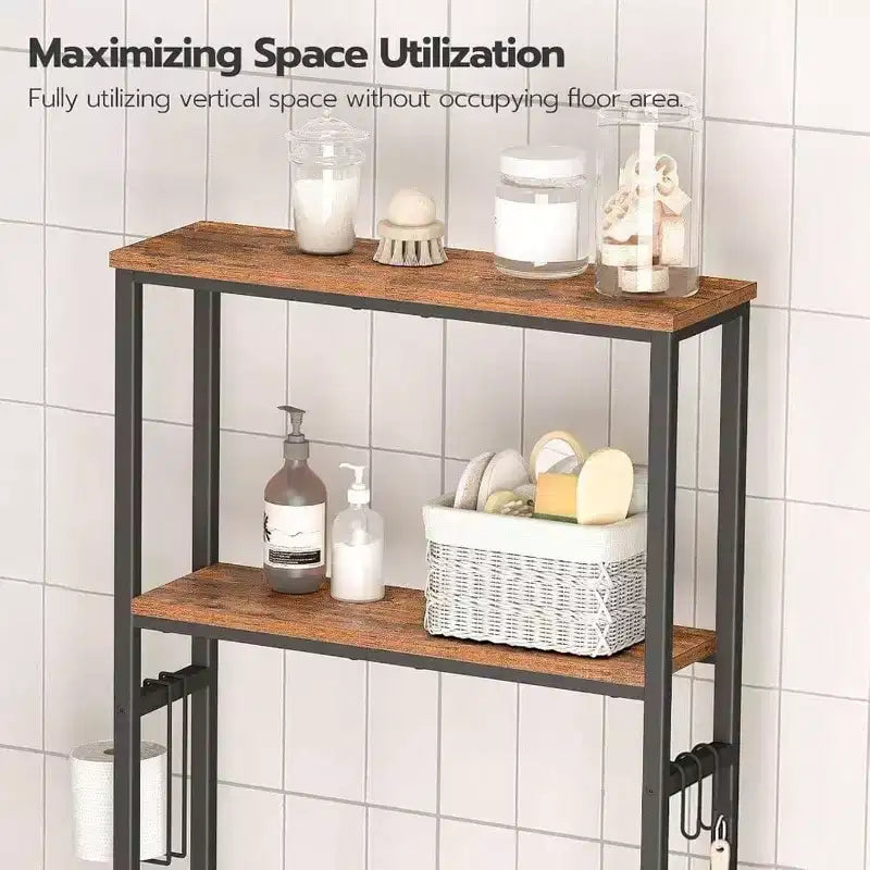 Étagère de Rangement sur Toilettes à 3 Niveaux, Étagère de Rangement pour Salle de Bain à 2 Niveaux, Meuble Autoportant avec Pieds Réglables, Marron Rustique et Noir