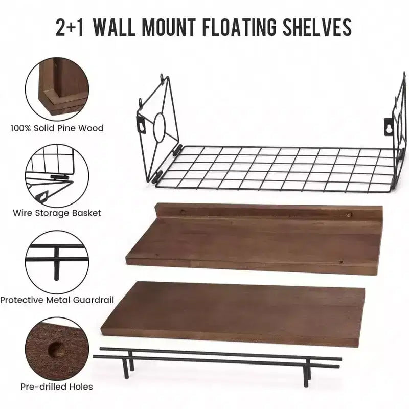 Étagères murales flottantes lot de 3 avec porte-papier toilette en métal, marron, pour salle de bain, chambre, salon, cuisine, bureau, décoration murale, étagère décorative