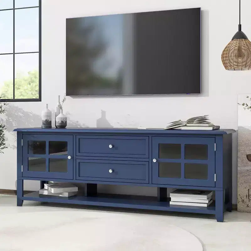 Meuble TV moderne avec portes et tiroirs pour téléviseur 60 pouces, table de centre de divertissement en bois avec étagères pour salon